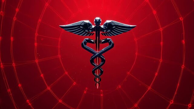 Caduceus medical symbol animation featuring glowing metallic wings and snakes on a deep red background for professional video broadcast motion