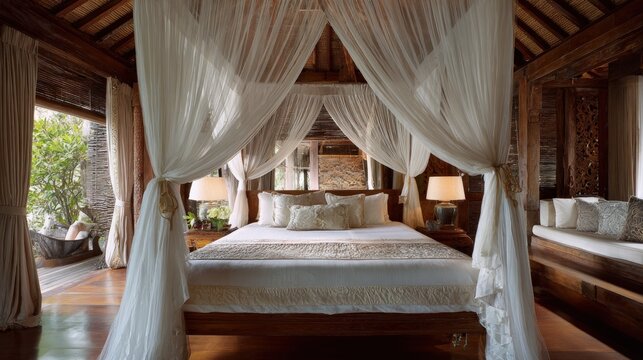 Bedroom interior with canopy bed and mosquito netting