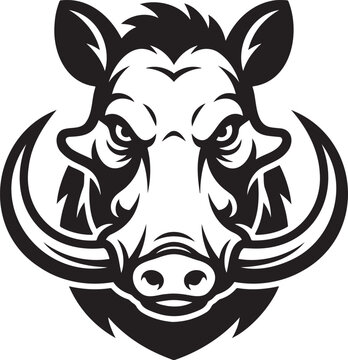 Wild boar head mascot vector logo angry warthog face with curved tusks aggressive forest animal black and white silhouette emblem sticker template graphic design