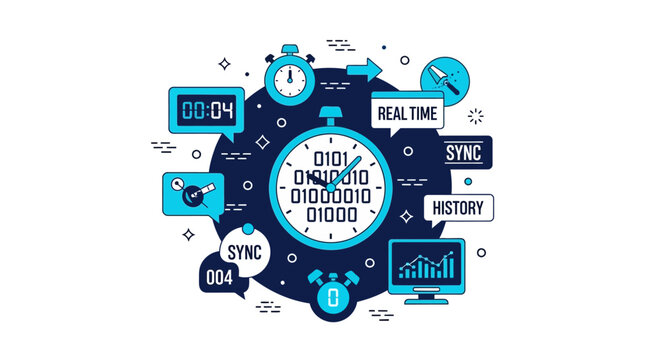 Real-Time Data Synchronization and Time Management Concept Illustration with Clocks, Binary Code, and Analytics Icons