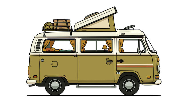 vector vintage volkswagen camper van with luggage rack and pop top roof