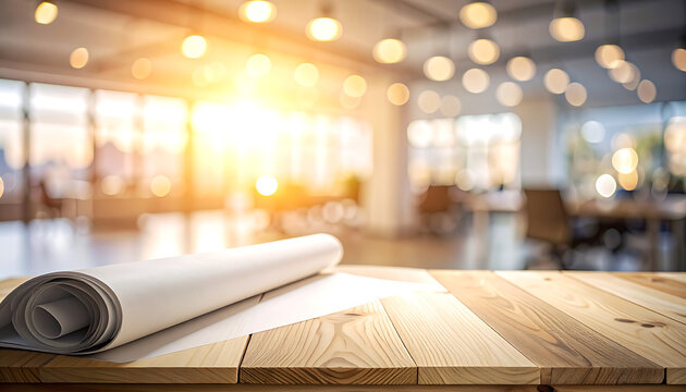 Rolled architectural blueprint or planning document on a wooden table in a bright, modern office space with warm sunlight streaming through the windows, ideal for design and construction concepts