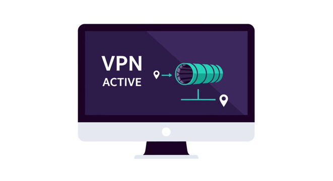 VPN Active Concept Illustration on Computer Screen for Cybersecurity and Data Privacy