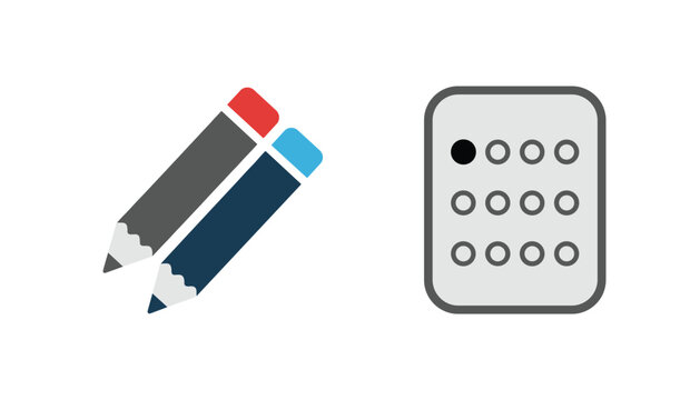 Two pencils with red and blue erasers lie next to a grey multiple-choice test sheet with circular answer bubbles.