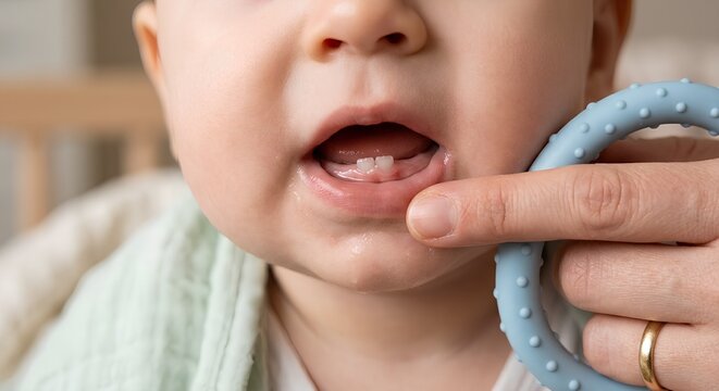 Parent gently examining a baby's mouth to check emerging first teeth (primary teeth eruption), representing infant dental care and teething milestones