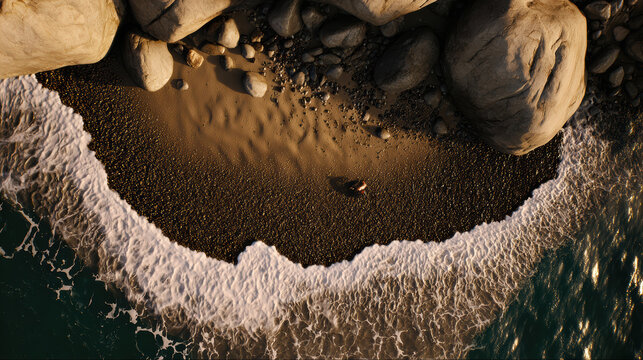 Cinematic scene aerial beach shore with waves rolling onto pebbly sand lit by golden light creating calm mood