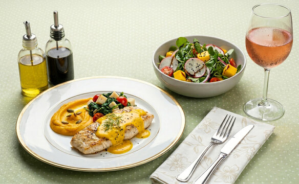 Peixe Saint Peter grelhado com molho de pequi, pur&ecirc; de ab&oacute;bora, salada fresca e ta&ccedil;a de vinho ros&eacute; em mesa posta
