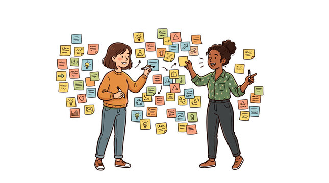 vector two women collaborating on sticky note brainstorm wall in office