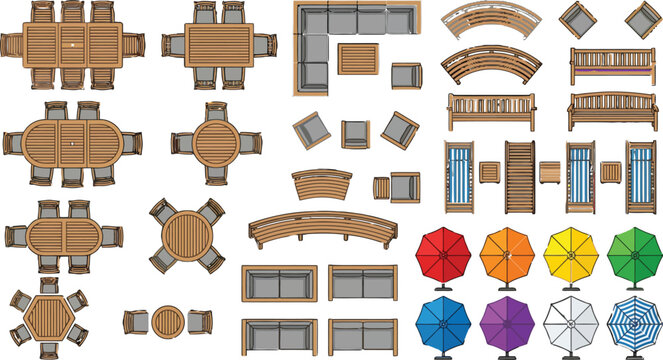 Outdoor furniture set with wooden tables chairs benches and colorful umbrellas in top view vector illustration