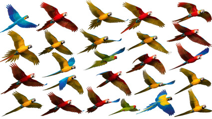 Flock of colorful macaws flying in different poses © Andrei