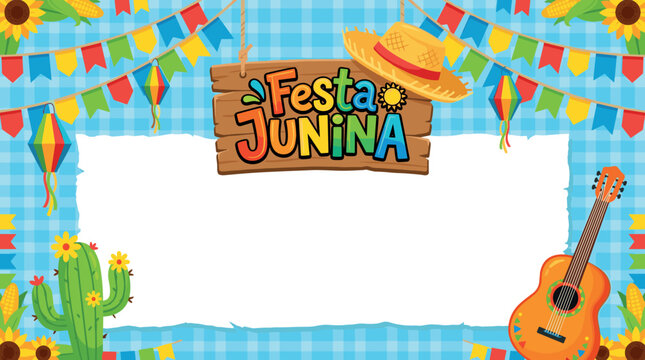 Festa junina background banner frame with blank space for text wooden sign and decorations illustration