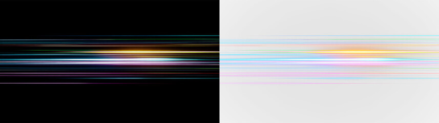 Horizontal lines in various colors isolated on transparent and black background, showing a sense of motion and change in space and time, light overlay, PNG © denzelll