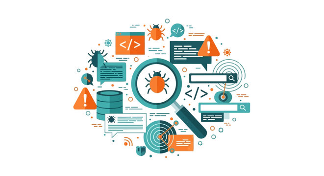 Software Debugging and Bug Tracking Concept. Code Analysis, Quality Assurance and Cybersecurity Vector Illustration with Magnifying Glass and Technical Icons.