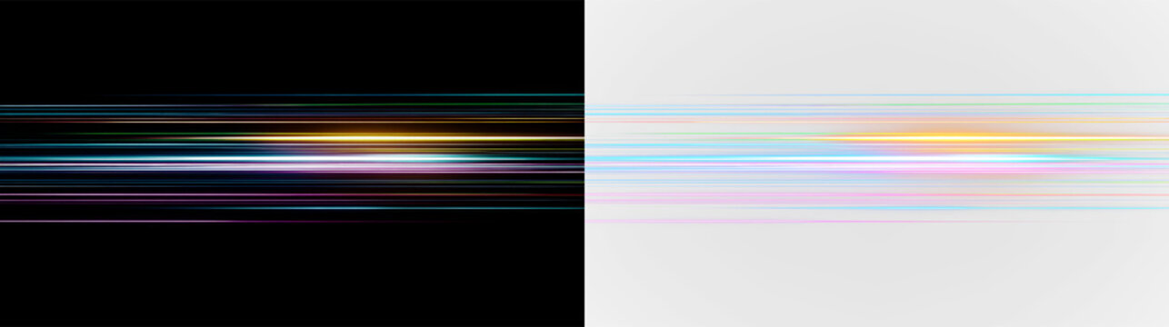 Horizontal lines in various colors isolated on transparent and black background, showing a sense of motion and change in space and time, light overlay, PNG
