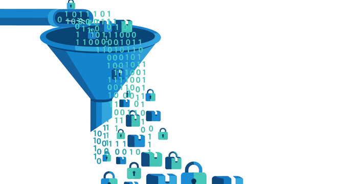 Data Security and Encryption Concept: Binary Code Processing Through a Funnel into Secure Data Blocks with Padlocks