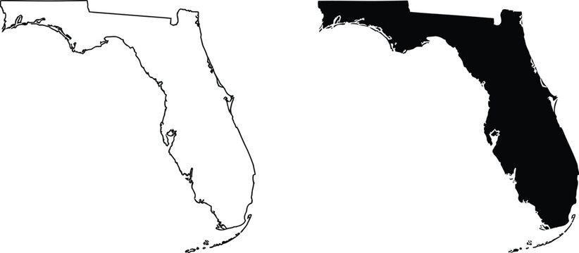 Florida state map icons, outline and silhouette shapes for geography navigation and regional identity concepts.