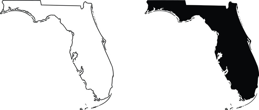 Florida state, map icons, black outline and filled state silhouettes for travel infographic and location based graphics.