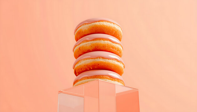 A stack of glazed donuts on a clear plastic pedestal against a peach background