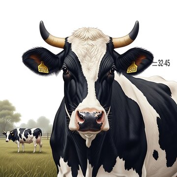 Black and white cow with horns in a rural pasture field portrait