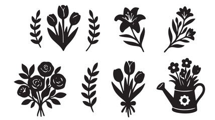 Fototapeta premium Black Silhouette Flower Icons For Design And Decoration