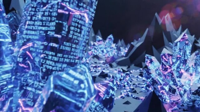 Abstract Sci-Fi Landscape with Crystalline Structures, Data Streams, and Neon Lights