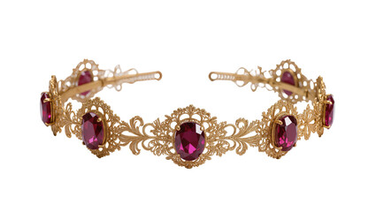 Ornate gold tiara with oval ruby gemstones and filigree details © Andrei