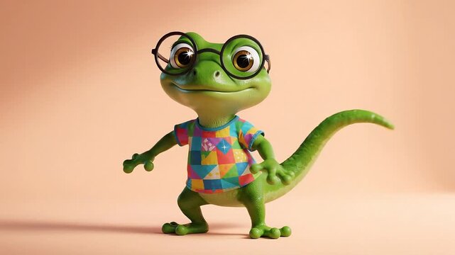 A charming gecko cartoon character wearing glasses and a colorful shirt, ready for gecko animation fun on a soft