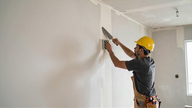 Worker Finishing Drywall Joints with Tape and Mud
