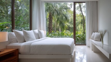 Fototapeta premium Bedroom interior with tropical foliage view