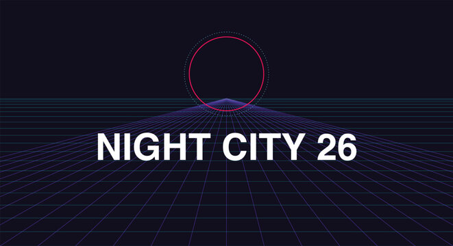 Retro synthwave cyberpunk landscape background. dark sky, blue neon wireframe grid, red glowing sun. for futuristic esports gaming streams, 80s outrun posters. retro neon vector graphic.
