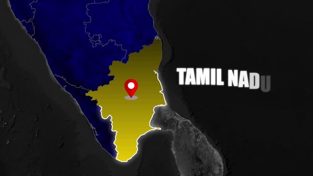 Tamil Nadu Map Pinpoint on Indian Subcontinent Graphic with Illuminated State Border for News, Tourism and Regional Media