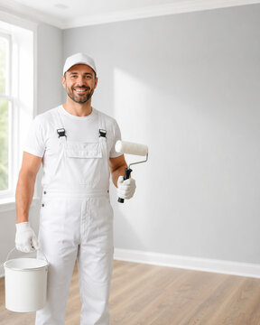 Pintor profissional aplicando tinta em parede interna