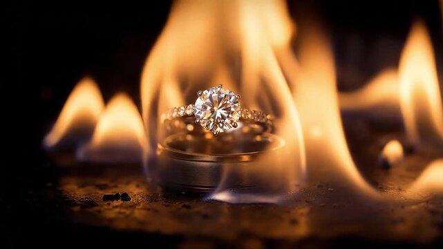 Wedding rings in flames, symbolizing passion and commitment.
