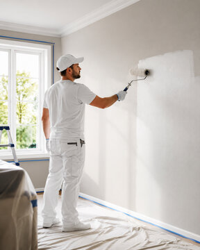 Pintor profissional aplicando tinta em parede interna