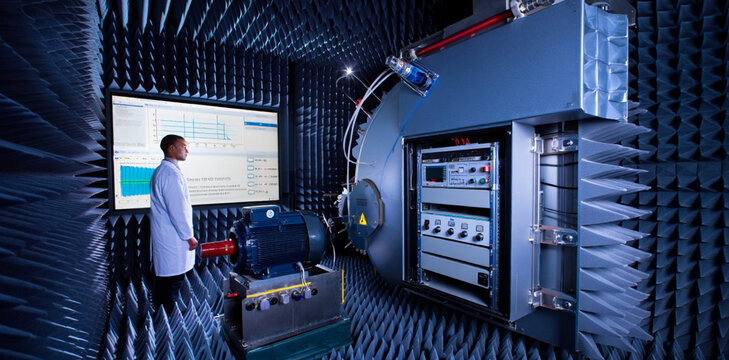 Scientist in lab coat reviewing electronic test data in specialized electromagnetic testing chamber with scientist laboratory electronics anechoic research experiment analysis technology