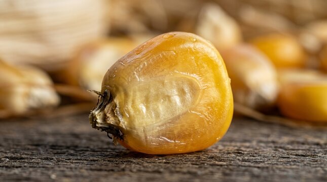 Macro Corn Kernel on Wood Surface, Agriculture Concept