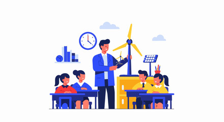 Fototapeta premium Science Teacher Explaining Renewable Energy with Wind Turbine Models to Students in Classroom, STEM Education and Environmental Awareness Flat Vector Illustration