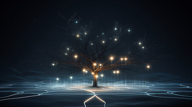 Abstract tree with glowing lights and digital network connections