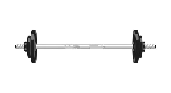Barbell assembled with weight plates fixed on metal bar placed horizontally on plain white background