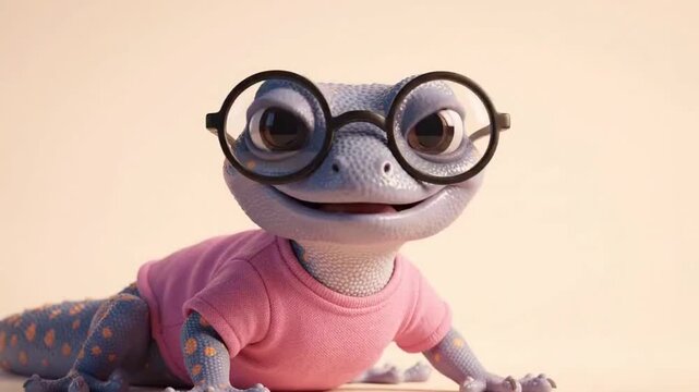 A charming gecko cartoon character wearing glasses and a pink shirt, perfect for gecko animation projects