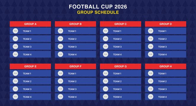 Football cup group schedule match template. blue red stage tables, text layouts, geometric background. for soccer tournament broadcasts, championship flyer prints. clean vector sport layout.