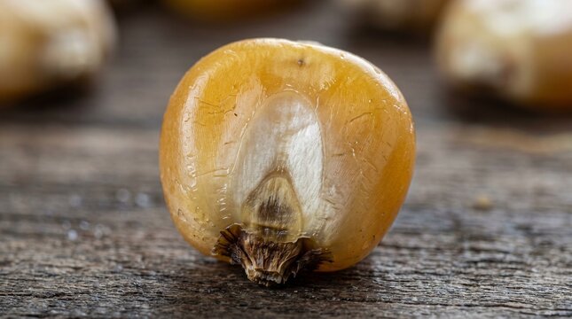 Macro view of a single corn kernel against wood grain background.