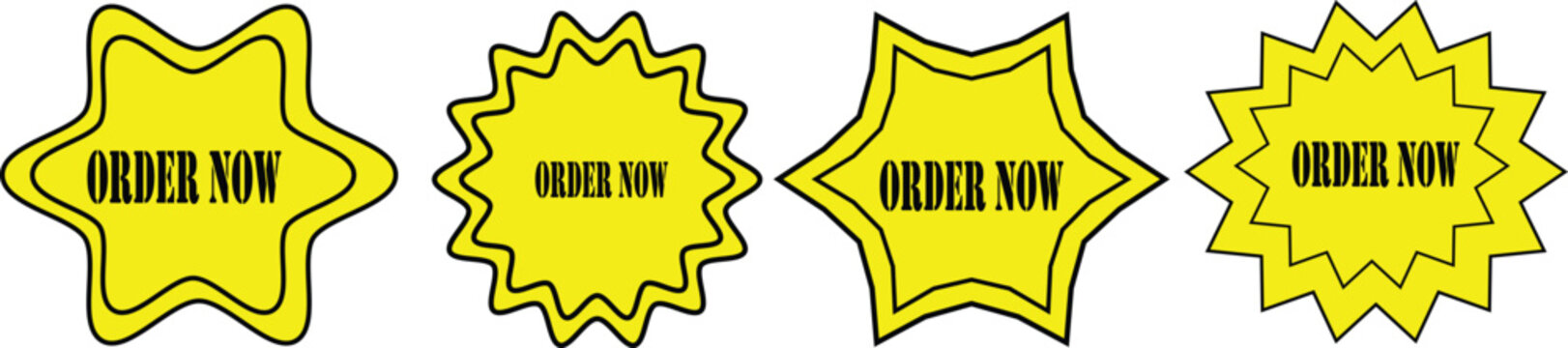 Bright yellow order now starburst badge stickers with bold text