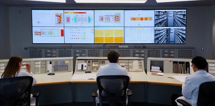 Professional engineering team monitoring complex data on large wall in high-tech industrial control room facility with monitoring industrial engineer technology analysis dashboard
