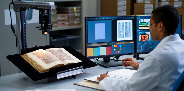 A scientist wearing a white coat works at a desk, reviewing data on multiple computer screens while digitizing an antique book placed on a professional stand with overhead lighting, scientist