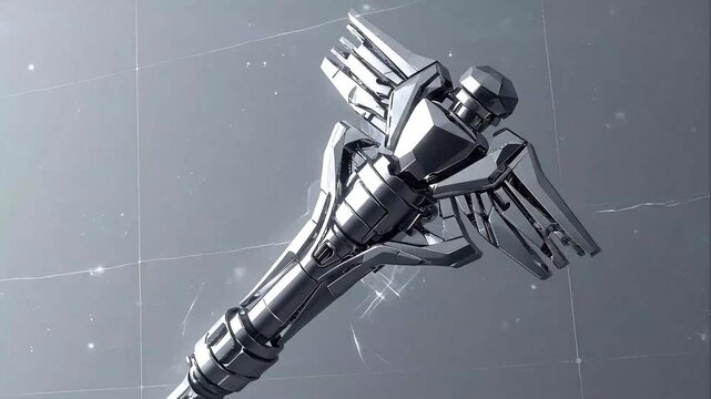 Metallic scepter rod featuring intricate mechanical wings rotating in space for high quality science fiction motion graphic video animation project