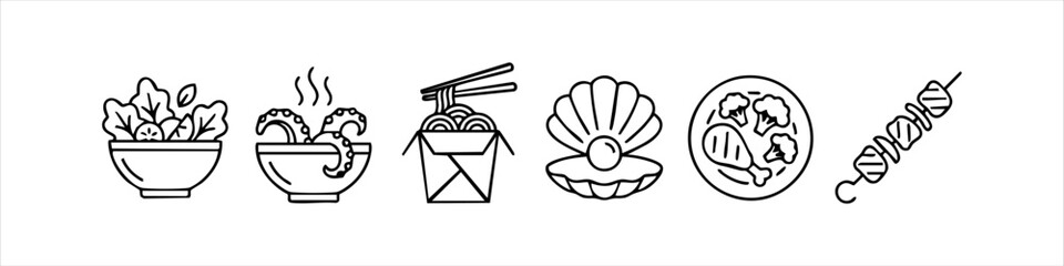 Minimalist food icon set featuring line art of a salad bowl, octopus soup, noodle box, oyster pearl, chicken plate, and kebab skewer. Ideal for menus, culinary apps, and restaurant branding. © temastadnyk