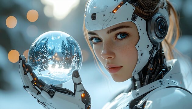 Robot humanoide futurista sosteniendo esfera de Navidad virtual brillante con escena invernal
