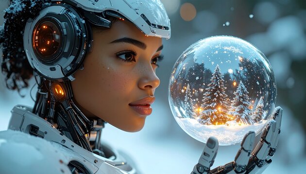 Robot humanoide futurista sosteniendo esfera de Navidad virtual brillante con escena invernal
