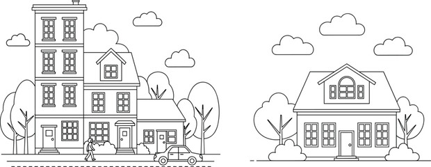 Outline Line Art Building Set Featuring City Apartment Block And Suburban Family House With Trees Cars And Clouds Vector Illustration © kolpona